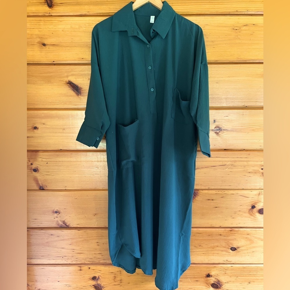 Women's Casual Plain Midi Shirt Dress Button Pocket